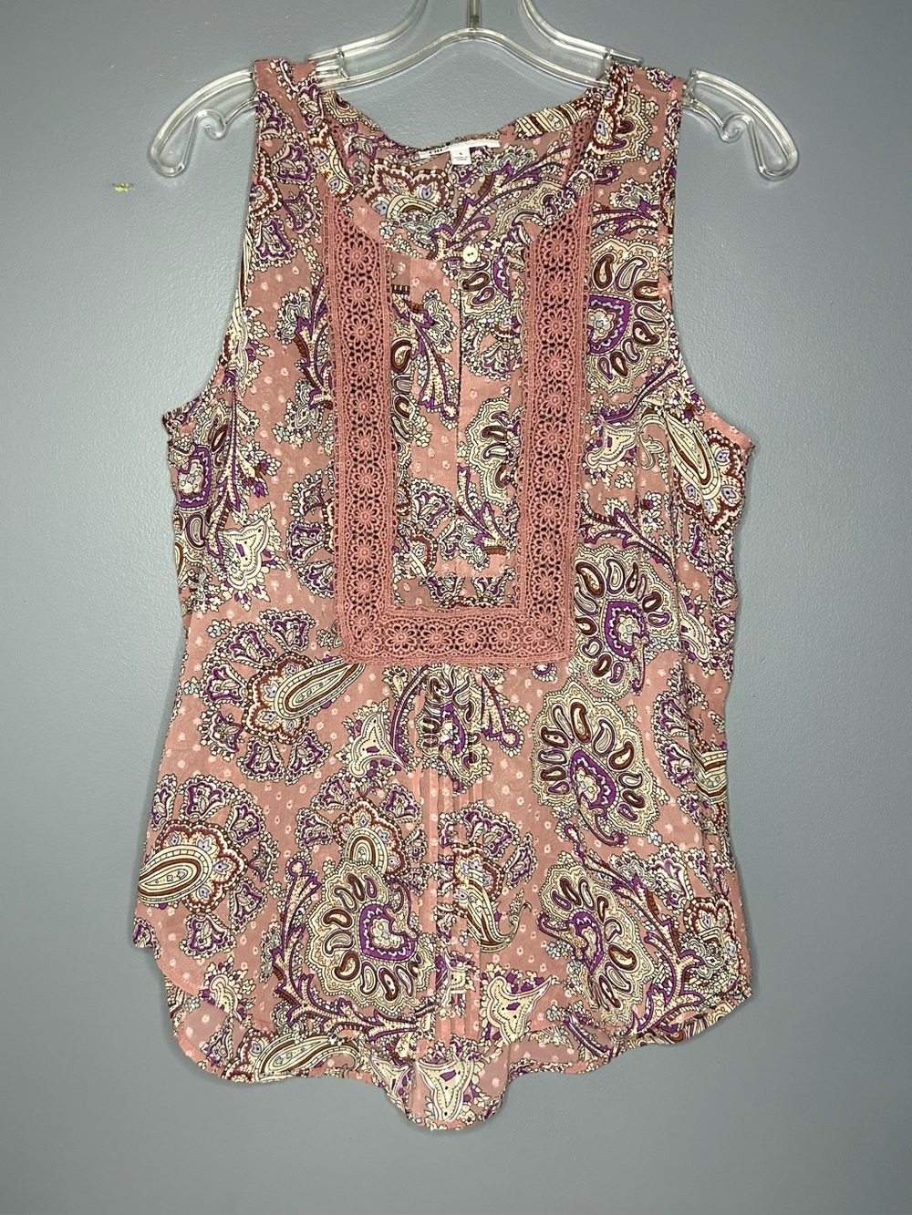 DR2 Blouse Womens S Pink Paisley Crochet Trim Sleeveless Chiffon Boho Chic Top